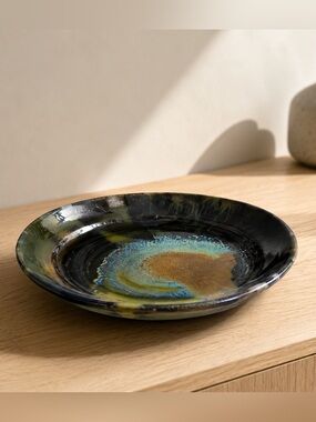 Studio Pottery Shallow Dish / Decorative Plate Blue Green Glaze